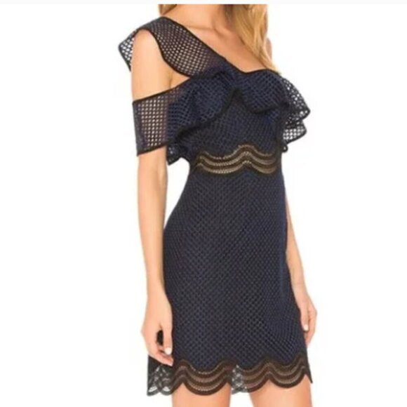 Saylor Luca Mini Dress Drop One Shoulder Navy Blue Mesh size Medium - Picture 2 of 16